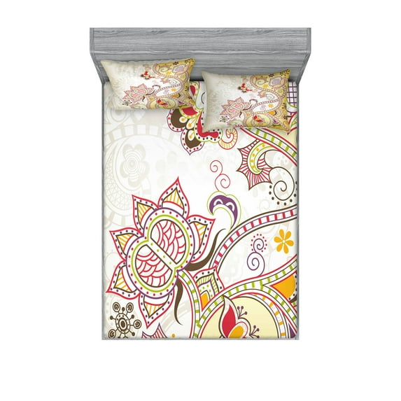 Ambesonne Floral Fitted Sheet & Pillow Sham Set, Oriental Flower Ornaments, Queen, Multicolor