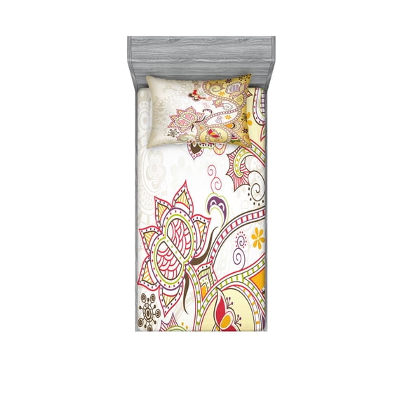 Ambesonne Floral Fitted Sheet & Pillow Sham Set, Oriental Flower Ornaments, Twinxl, Multicolor