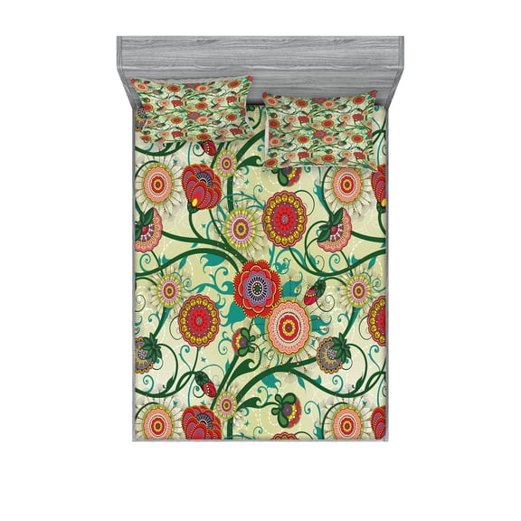 Ambesonne Floral Fitted Sheet & Pillow Sham Set, Oriental Inspirations, Full, Multicolor