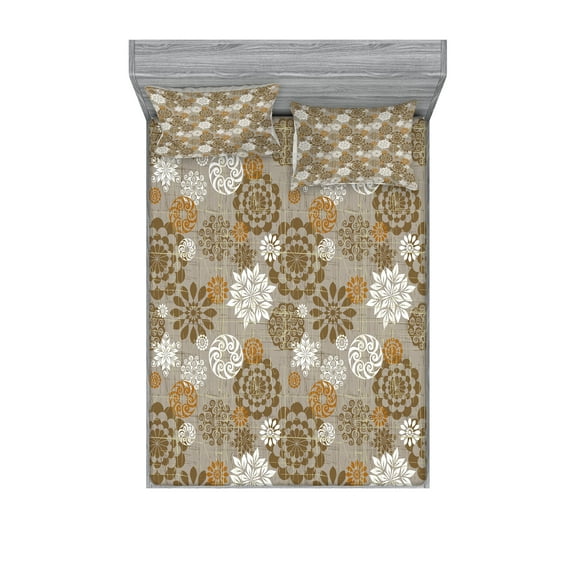 Ambesonne Floral Fitted Sheet & Pillow Sham Set, Ornament Flower Colorful, Full, Sepia Amber Grey