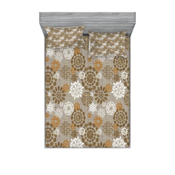 Ambesonne Floral Fitted Sheet & Pillow Sham Set, Ornament Flower Colorful, Queen, Sepia Amber Grey
