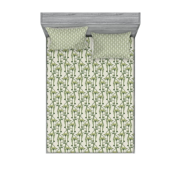 Ambesonne Floral Fitted Sheet & Pillow Sham Set, Ornamental Botanical Theme, Queen, Pale Green Yellow