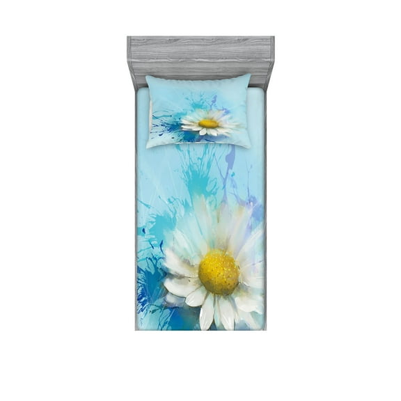 Ambesonne Floral Fitted Sheet & Pillow Sham Set, Painting Effect Daisy, Twinxl, White Blue