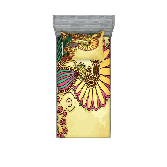 Ambesonne Floral Fitted Sheet & Pillow Sham Set, Paisley Flowers Leaves, Twinxl, Multicolor