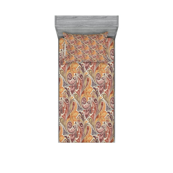 Ambesonne Floral Fitted Sheet & Pillow Sham Set, Paisley Leaf Pattern, Twinxl, Multicolor