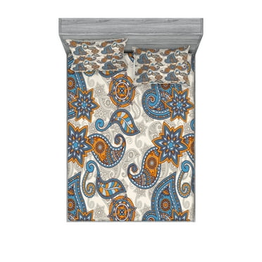 Ambesonne Floral Fitted Sheet & Pillow Sham Set, Paisley, Queen, Violet Blue Marigold