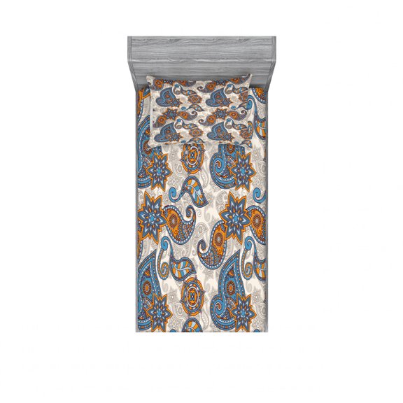 Ambesonne Floral Fitted Sheet & Pillow Sham Set, Paisley, Twin, Violet Blue Marigold