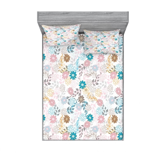 Ambesonne Floral Fitted Sheet & Pillow Sham Set, Pastel Daisies, Queen, Multicolor