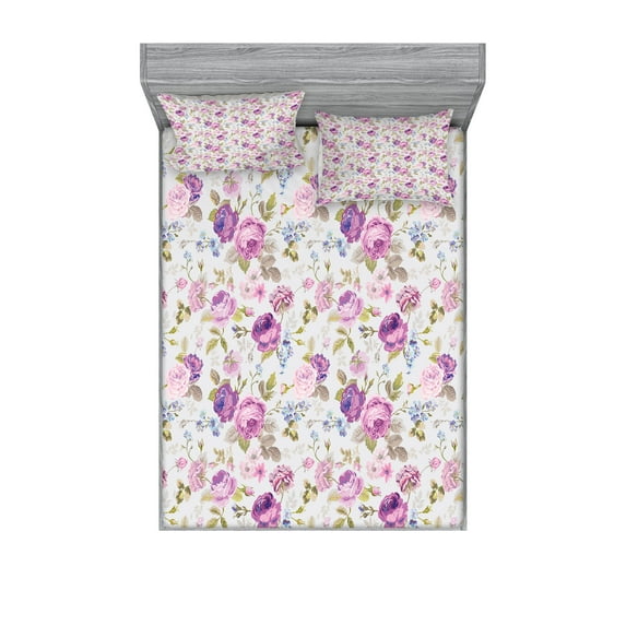 Ambesonne Floral Fitted Sheet & Pillow Sham Set, Pastel Tones Leaves, Calking, Lilac Green Pale Blue