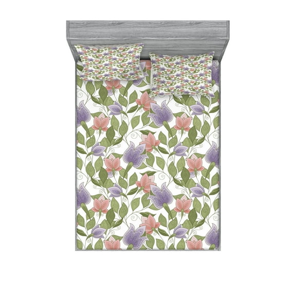 Ambesonne Floral Fitted Sheet & Pillow Sham Set, Pastel Tulip Flowers, Queen, Olive Green Coral