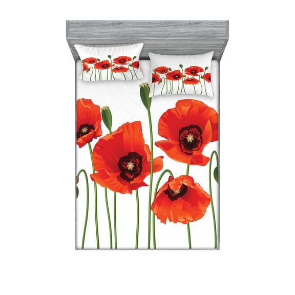 Ambesonne Floral Fitted Sheet & Pillow Sham Set, Pastoral Flowers Botany, King, Red and Green