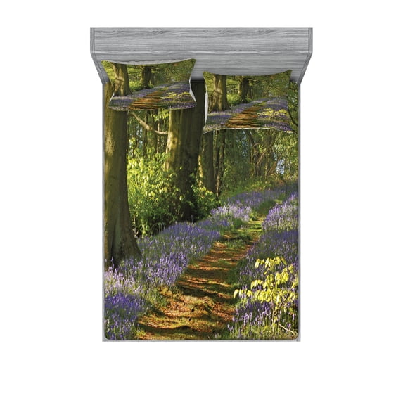 Ambesonne Floral Fitted Sheet & Pillow Sham Set, Path Between Bluebells, Full, Green Purple Brown