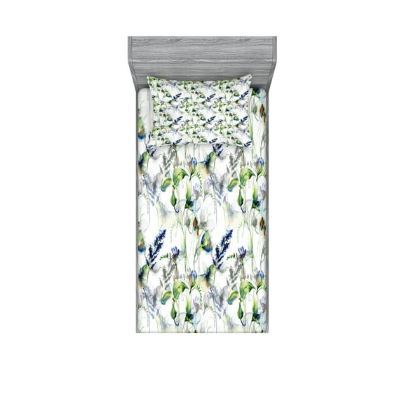 Ambesonne Floral Fitted Sheet & Pillow Sham Set, Pea Blossom Design, Twin, Green White Blue