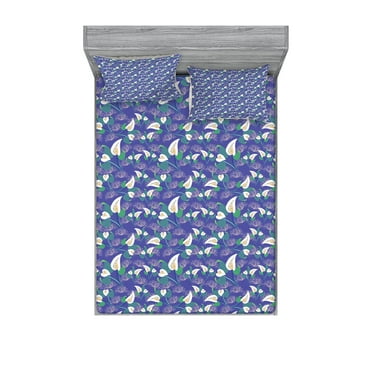 Ambesonne Floral Fitted Sheet & Pillow Sham Set, Peacock Tail Outlined Motif, Queen, Multicolor