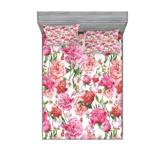 Ambesonne Floral Fitted Sheet & Pillow Sham Set, Peonies and Roses, Queen, White Pink Blush