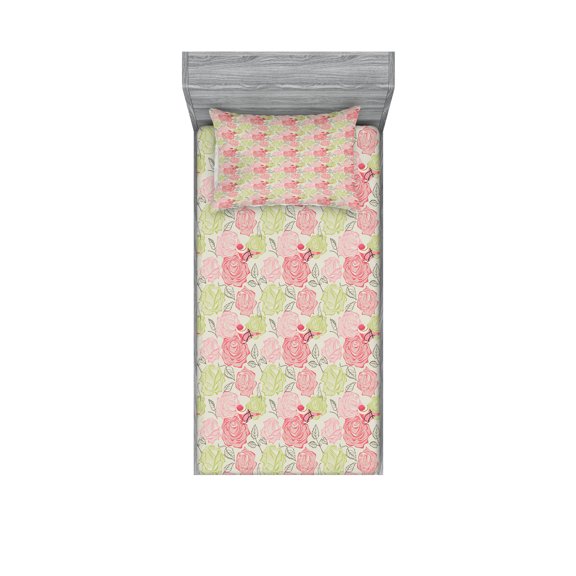Ambesonne Floral Fitted Sheet & Pillow Sham Set, Perching Birds on Petals, Twin, Multicolor