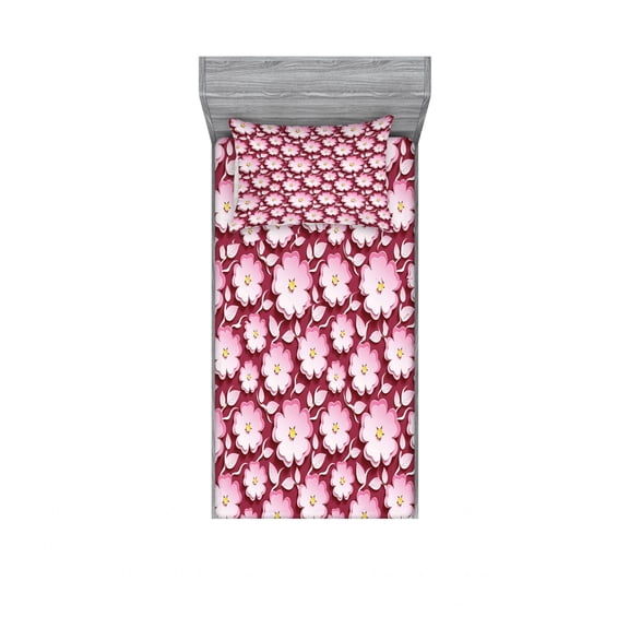Ambesonne Floral Fitted Sheet & Pillow Sham Set, Petal of Japanese Cherry, Twin, Pale Pink Maroon Yellow