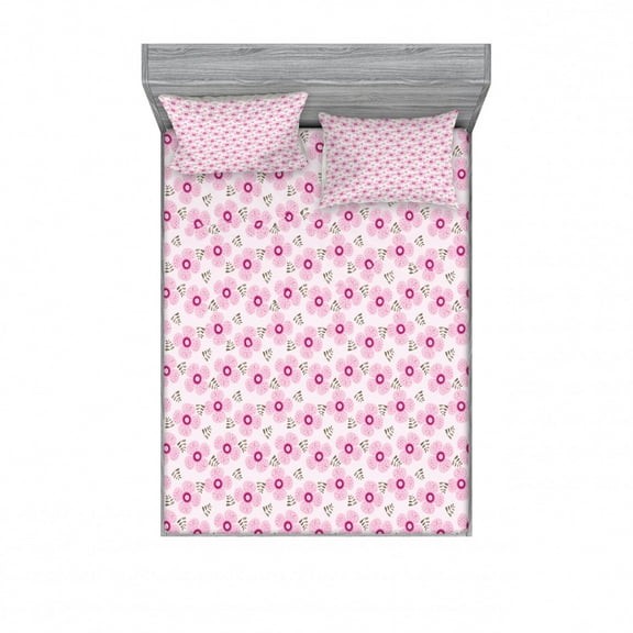 Ambesonne Floral Fitted Sheet & Pillow Sham Set, Pink Blossoms Dotted Petals, Queen, Pale Pink Magenta