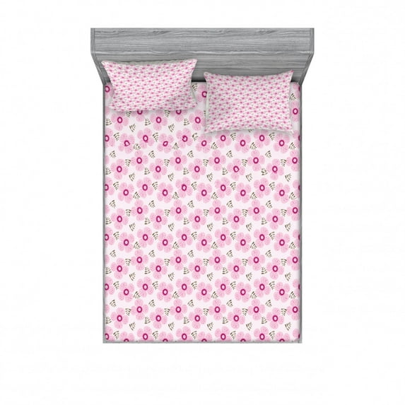 Ambesonne Floral Fitted Sheet & Pillow Sham Set, Pink Blossoms Dotted Petals, Queen, Pale Pink Magenta