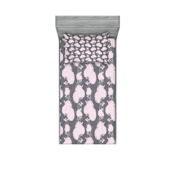 Ambesonne Floral Fitted Sheet & Pillow Sham Set, Pink Chrysanthemum Flower, Twinxl, Pale Pink White Grey