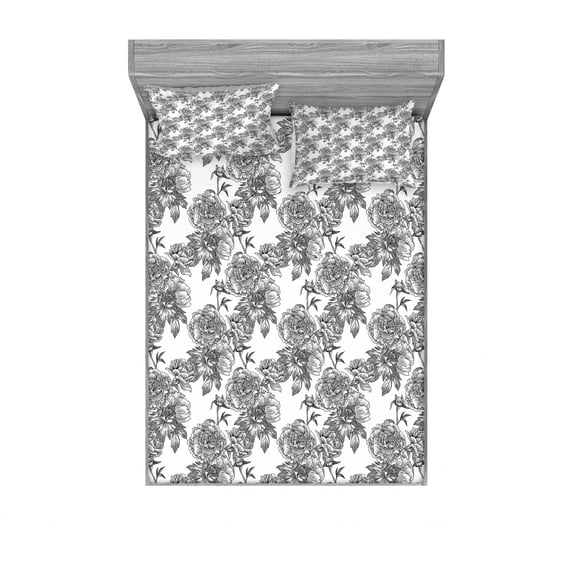 Ambesonne Floral Fitted Sheet & Pillow Sham Set, Plant Blossom Spring, Queen, Black Grey White