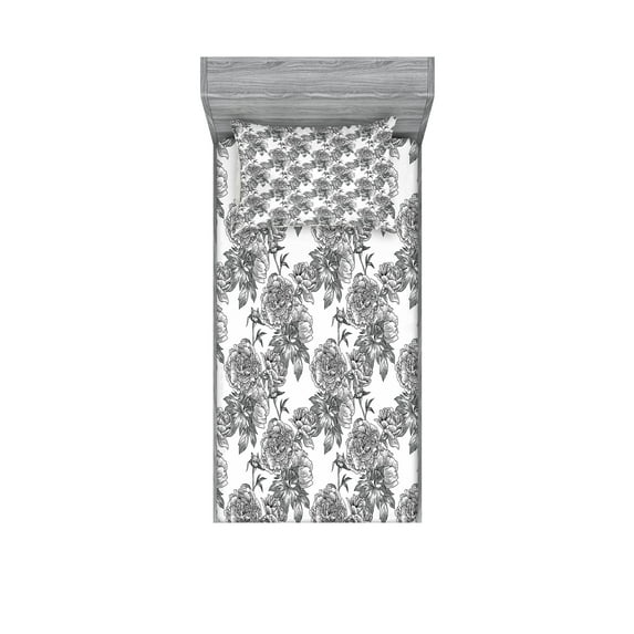 Ambesonne Floral Fitted Sheet & Pillow Sham Set, Plant Blossom Spring, Twinxl, Black Grey White