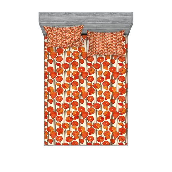 Ambesonne Floral Fitted Sheet & Pillow Sham Set, Poppies Retro Spring, Queen, Orange and Ivory