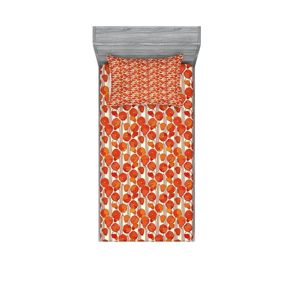 Ambesonne Floral Fitted Sheet & Pillow Sham Set, Poppies Retro Spring, Twinxl, Orange and Ivory