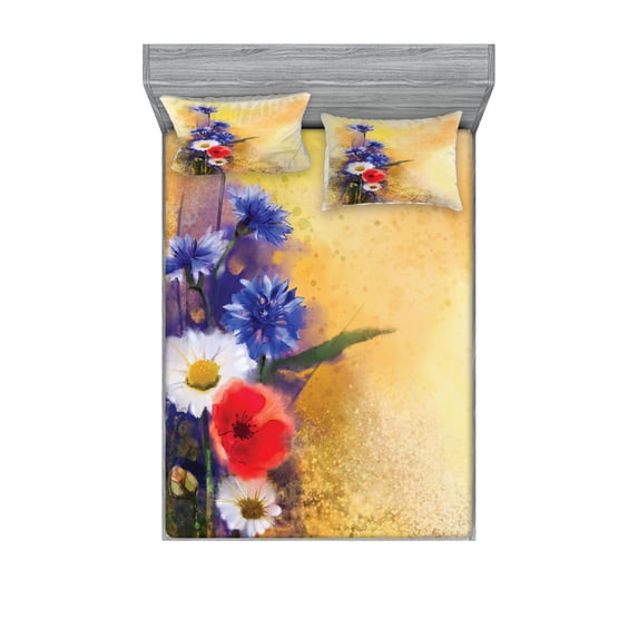 Ambesonne Floral Fitted Sheet & Pillow Sham Set, Poppy Chamomile Spring, Full, Blue White
