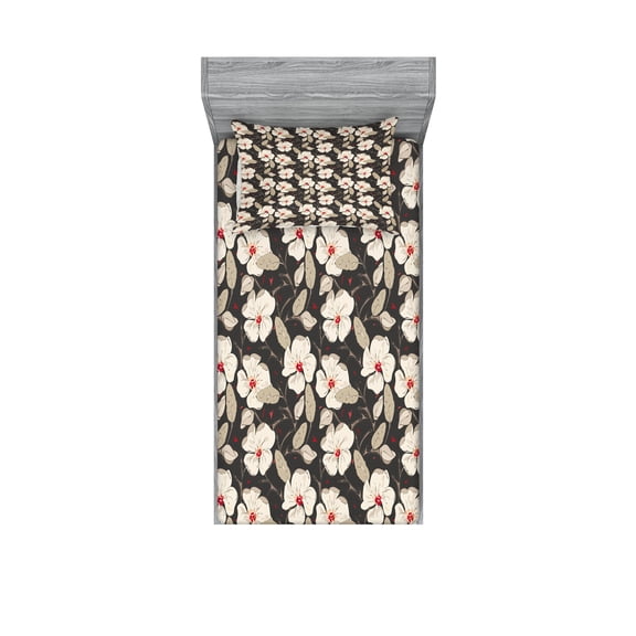Ambesonne Floral Fitted Sheet & Pillow Sham Set, Poppy Flowers Nature, Twinxl, Tan Charcoal Grey Red