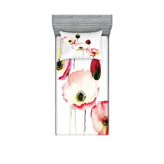 Ambesonne Floral Fitted Sheet & Pillow Sham Set, Poppy Vintage Blossom, Twinxl, Pink Red