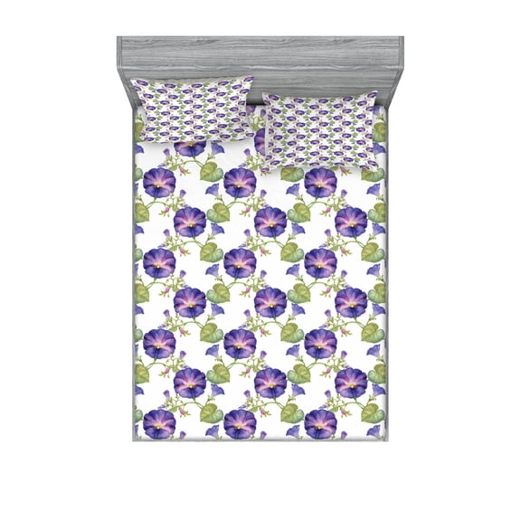 Ambesonne Floral Fitted Sheet & Pillow Sham Set, Purple Gramophone Orchids, Full, Multicolor