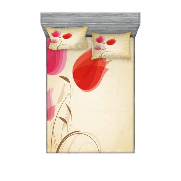 Ambesonne Floral Fitted Sheet & Pillow Sham Set, Red Flowers Nature, Full, Sand Brown Red Pink