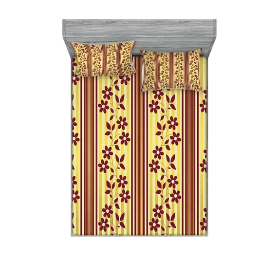 Ambesonne Floral Fitted Sheet & Pillow Sham Set, Red Flowers on Stripes, Queen, Burgundy Yellow