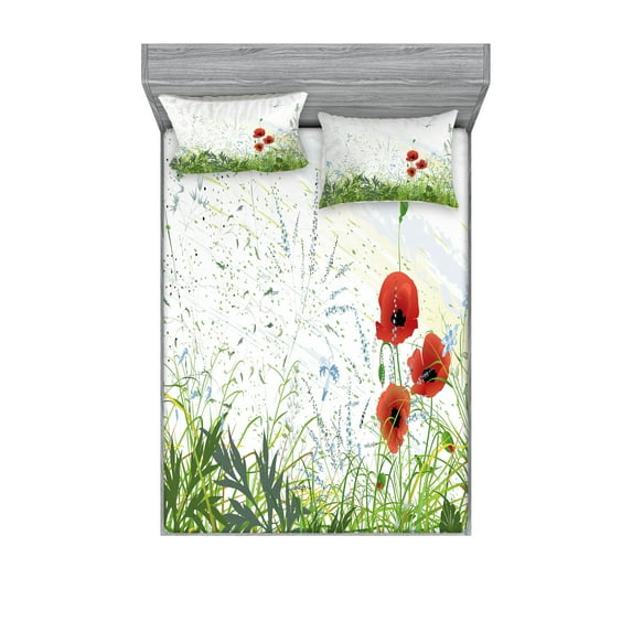 Ambesonne Floral Fitted Sheet & Pillow Sham Set, Red Poppies Dragonfly, Full, Green Red