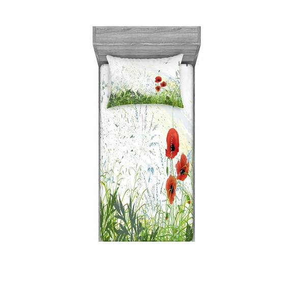 Ambesonne Floral Fitted Sheet & Pillow Sham Set, Red Poppies Dragonfly, Twinxl, Green Red