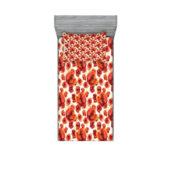Ambesonne Floral Fitted Sheet & Pillow Sham Set, Red Poppy Flowers, Twinxl, Red and White