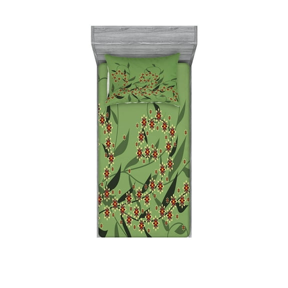 Ambesonne Floral Fitted Sheet & Pillow Sham Set, Retro Blooming Flowers, Twinxl, Olive Green Red