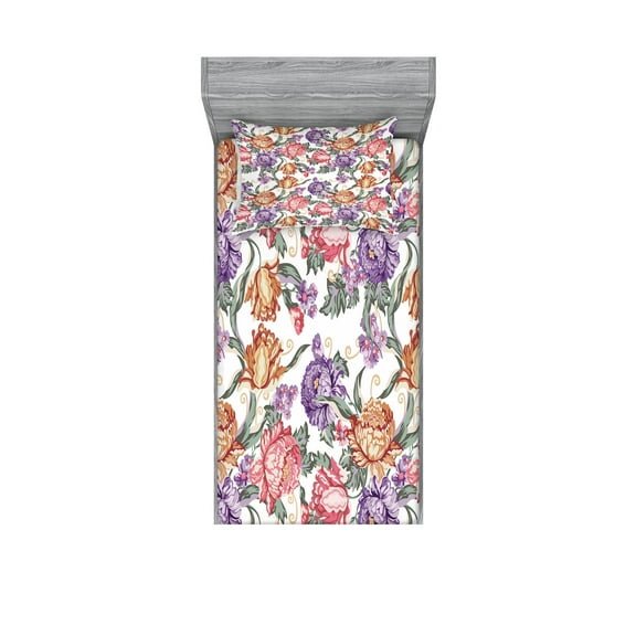 Ambesonne Floral Fitted Sheet & Pillow Sham Set, Retro Flowers and Curls, Twinxl, Multicolor