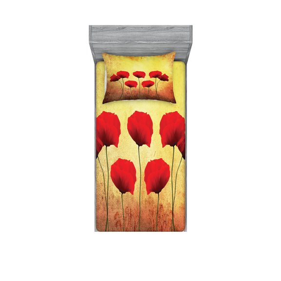 Ambesonne Floral Fitted Sheet & Pillow Sham Set, Retro Poppy Flowers, Twin, Scarlet Pale Yellow