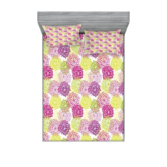 Ambesonne Floral Fitted Sheet & Pillow Sham Set, Romance in Springtime, Full, Magenta Violet Green