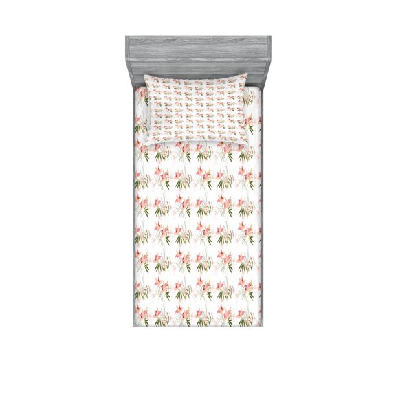 Ambesonne Floral Fitted Sheet & Pillow Sham Set, Romantic Bouquet of Lilies, Twin, Olive Green Pale Pink
