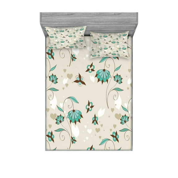 Ambesonne Floral Fitted Sheet & Pillow Sham Set, Romantic Little Hearts, Queen, Turquoise Brown Beige
