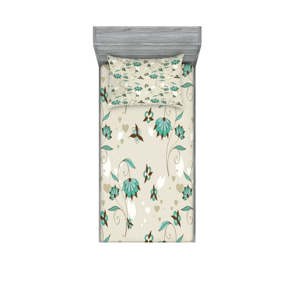 Ambesonne Floral Fitted Sheet & Pillow Sham Set, Romantic Little Hearts, Twin, Turquoise Brown Beige