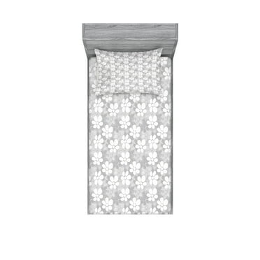 Ambesonne Floral Fitted Sheet & Pillow Sham Set, Romantic Overlapping Flowers, Twinxl, White Grey and Pale Grey