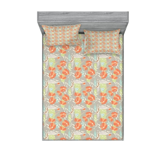 Ambesonne Floral Fitted Sheet & Pillow Sham Set, Romantic Poppies Pastel Tone, Full, Multicolor