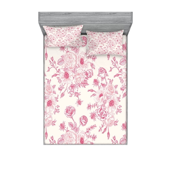 Ambesonne Floral Fitted Sheet & Pillow Sham Set, Romantic Rose Flowers, Full, Pale Pink