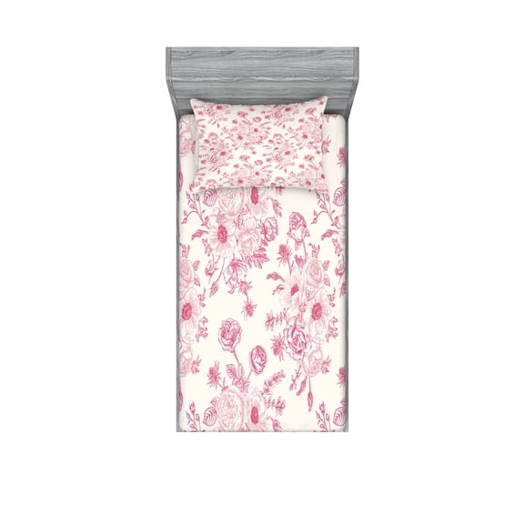 Ambesonne Floral Fitted Sheet & Pillow Sham Set, Romantic Rose Flowers, Twin, Pale Pink