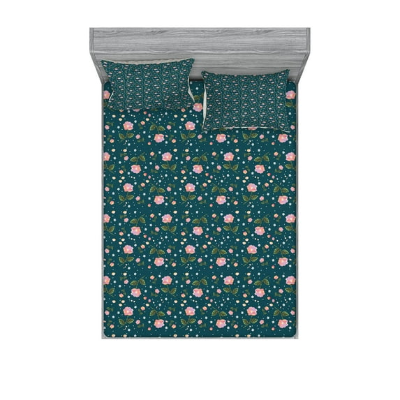 Ambesonne Floral Fitted Sheet & Pillow Sham Set, Romantic Roses Style, Queen, Multicolor