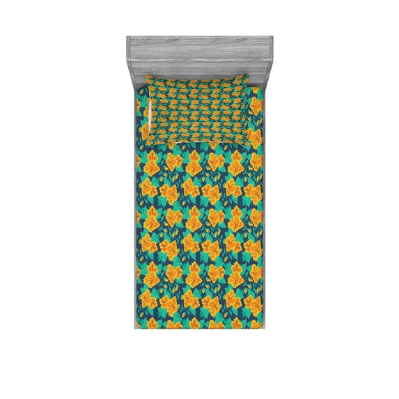 Ambesonne Floral Fitted Sheet & Pillow Sham Set, Romantic Summery Flowers, Twinxl, Multicolor